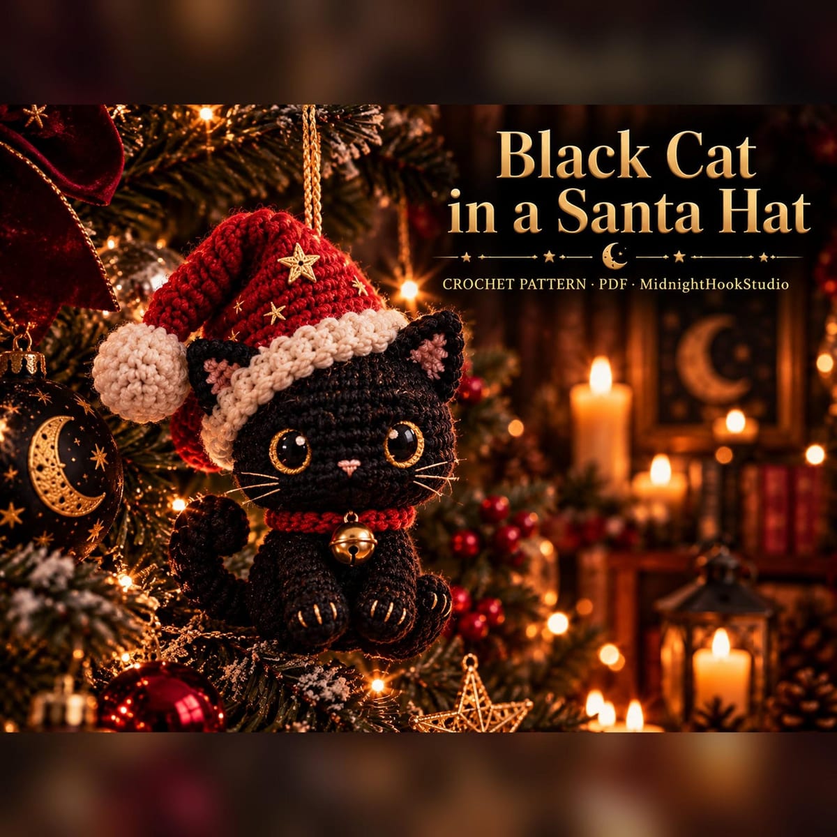 Black Cat in Santa Hat Ornament