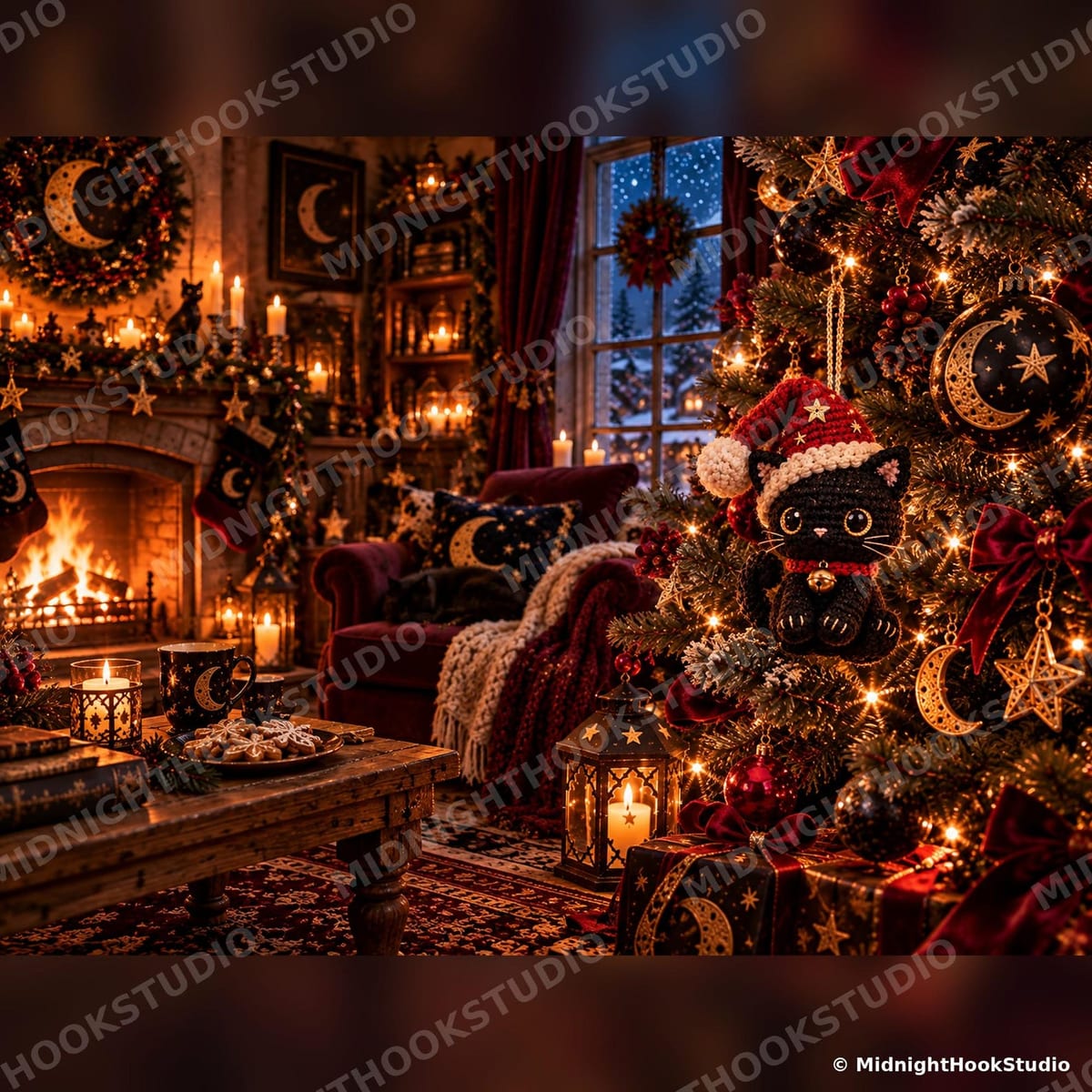 Black Cat in Santa Hat Ornament