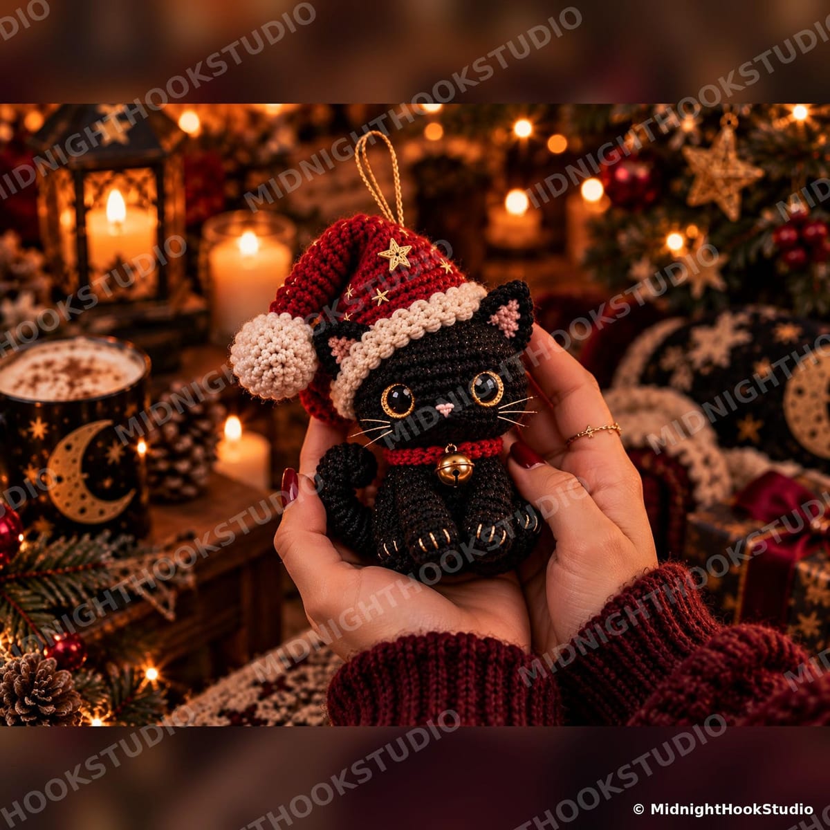Black Cat in Santa Hat Ornament