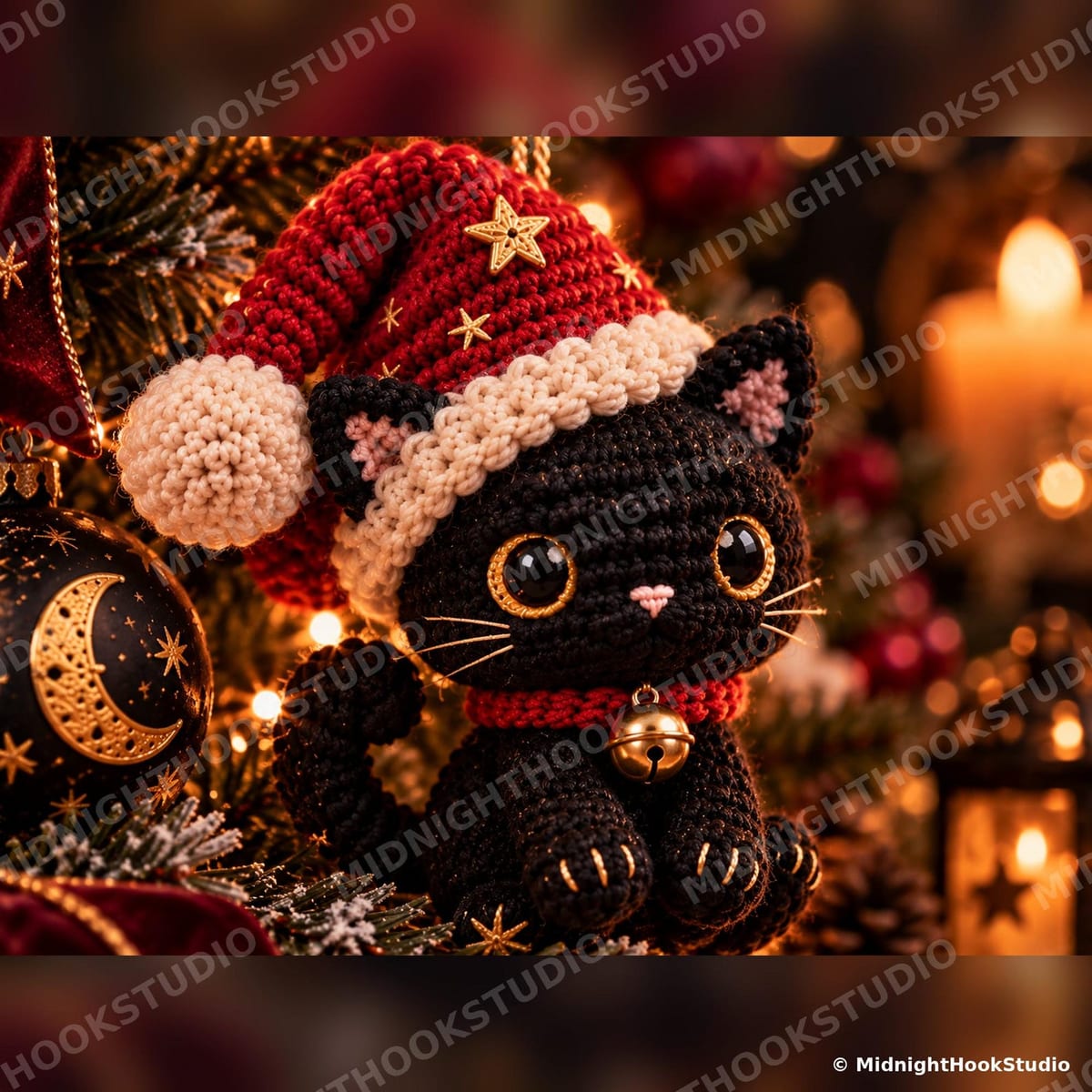 Black Cat in Santa Hat Ornament
