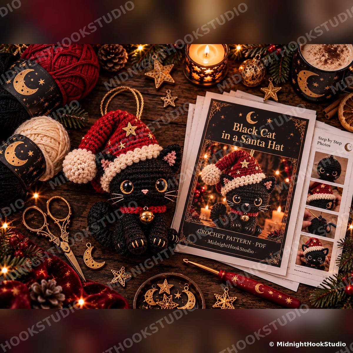 Black Cat in Santa Hat Ornament
