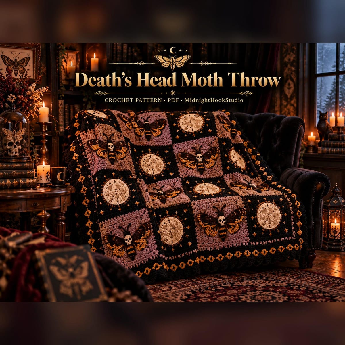 Gothic Moth & Full Moon Granny Square Throw