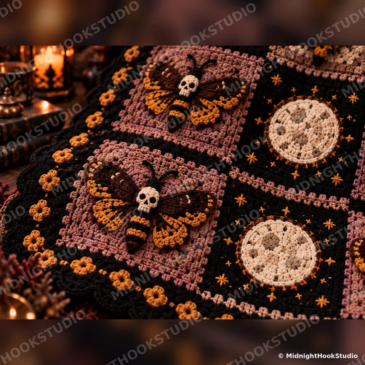 Gothic Moth & Full Moon Granny Square Throw
