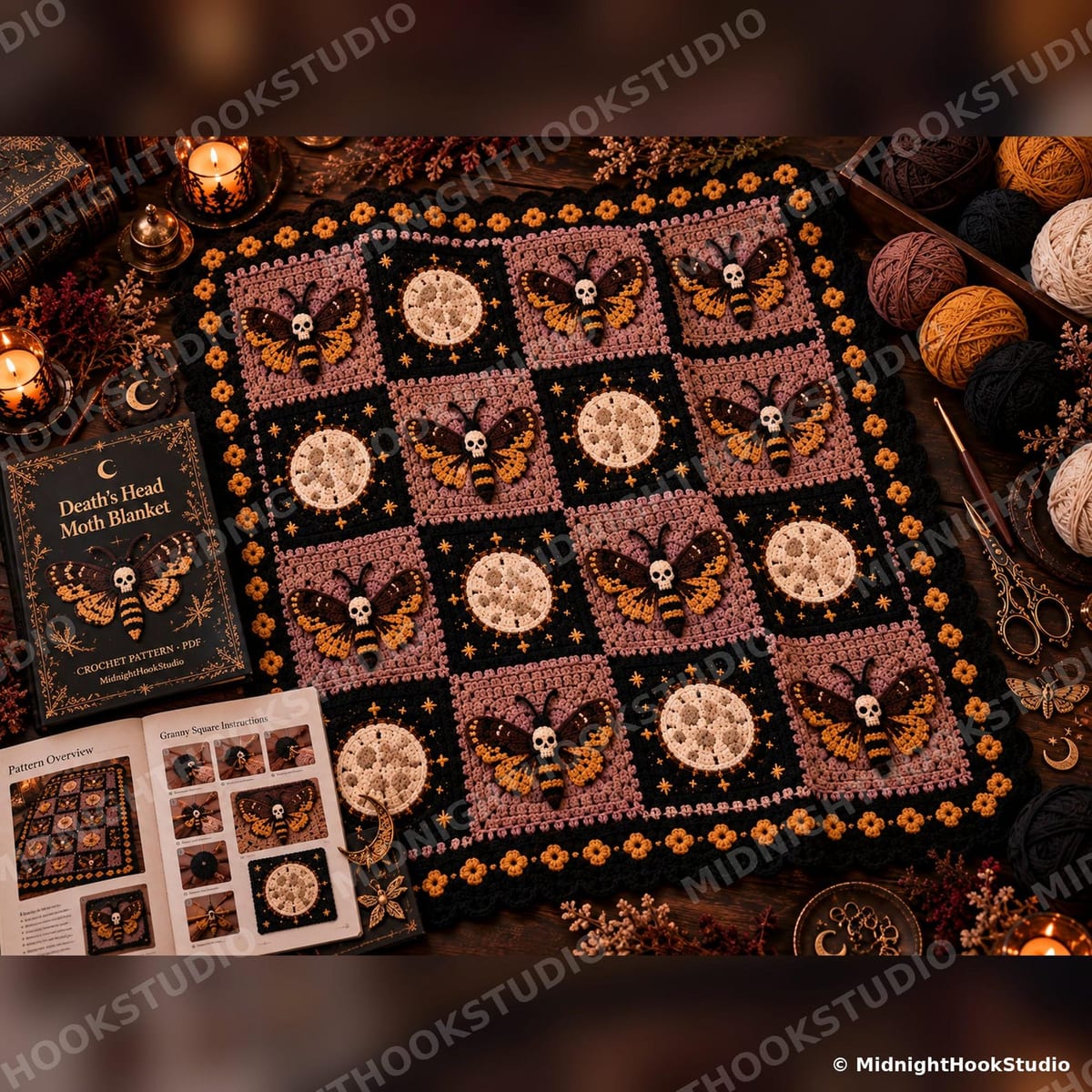 Gothic Moth & Full Moon Granny Square Throw