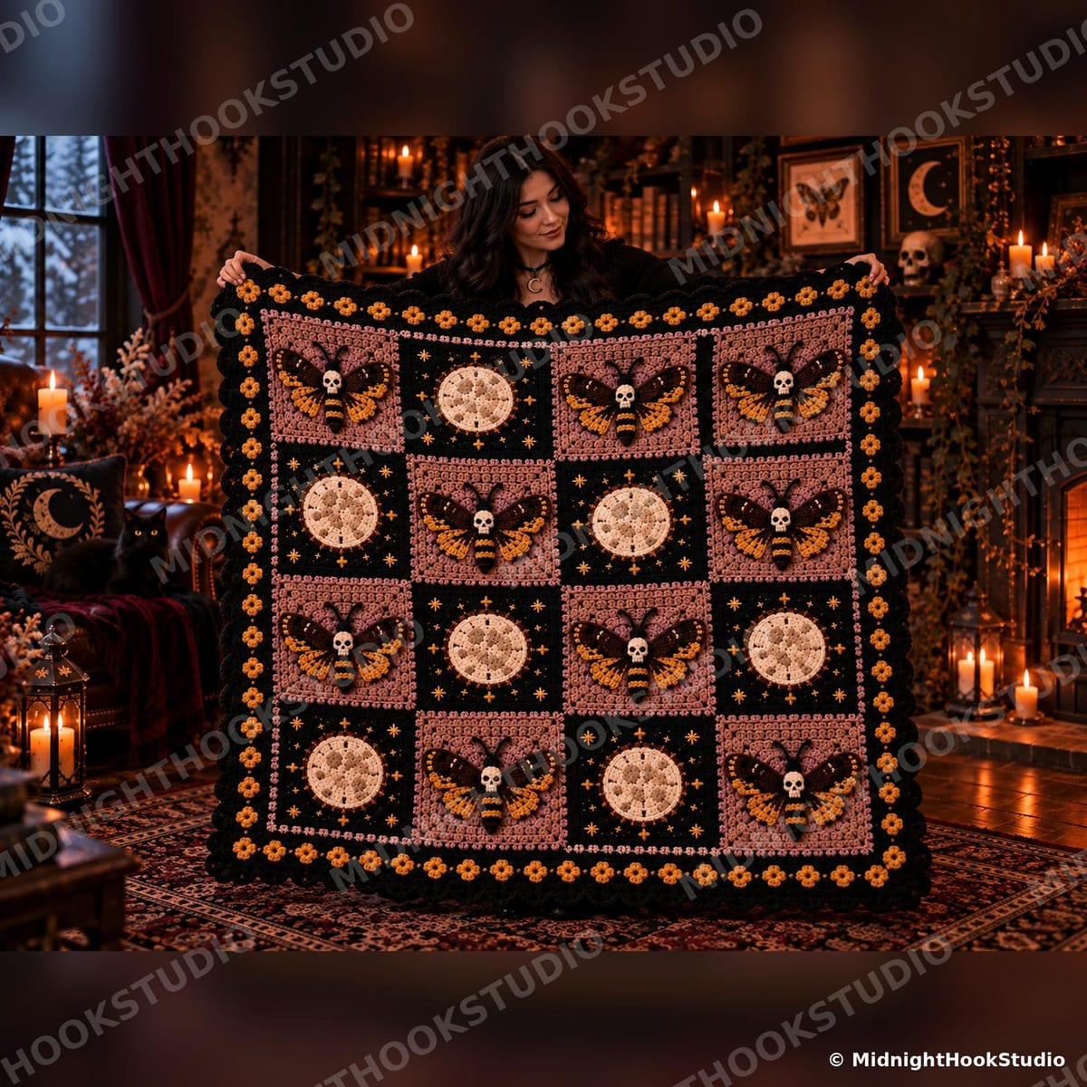 Gothic Moth & Full Moon Granny Square Throw