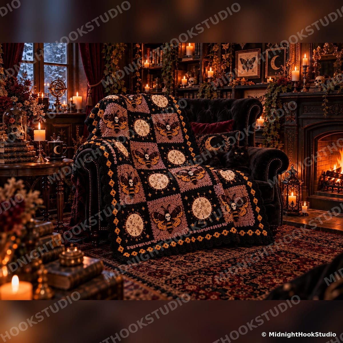 Gothic Moth & Full Moon Granny Square Throw