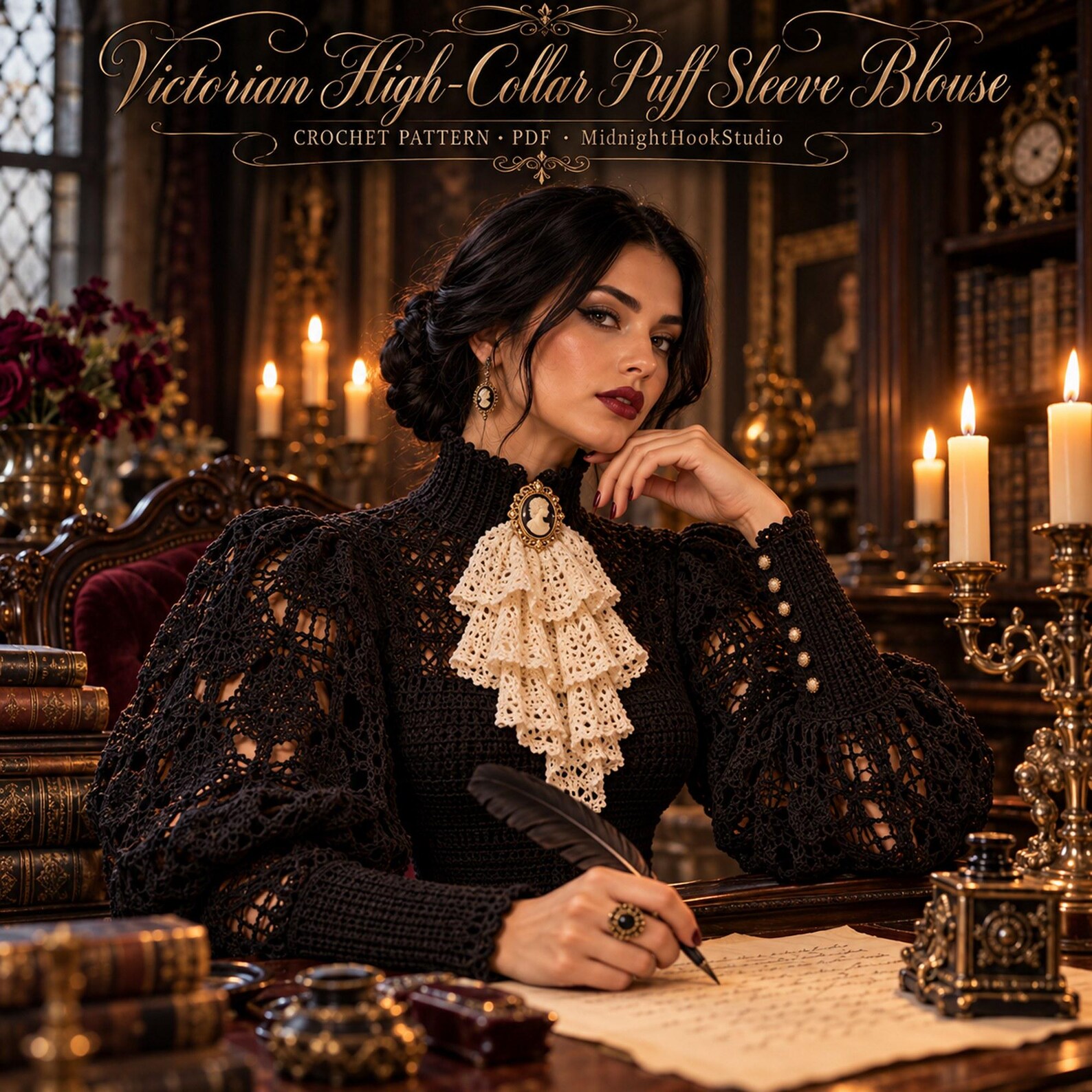 Victorian High-Collar Jabot Blouse