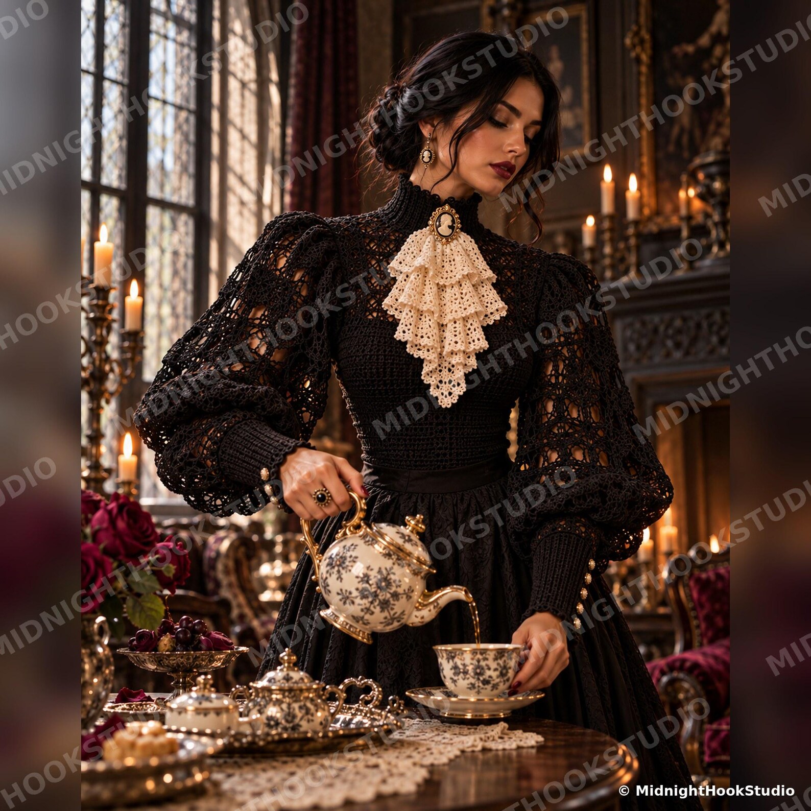 Victorian High-Collar Jabot Blouse
