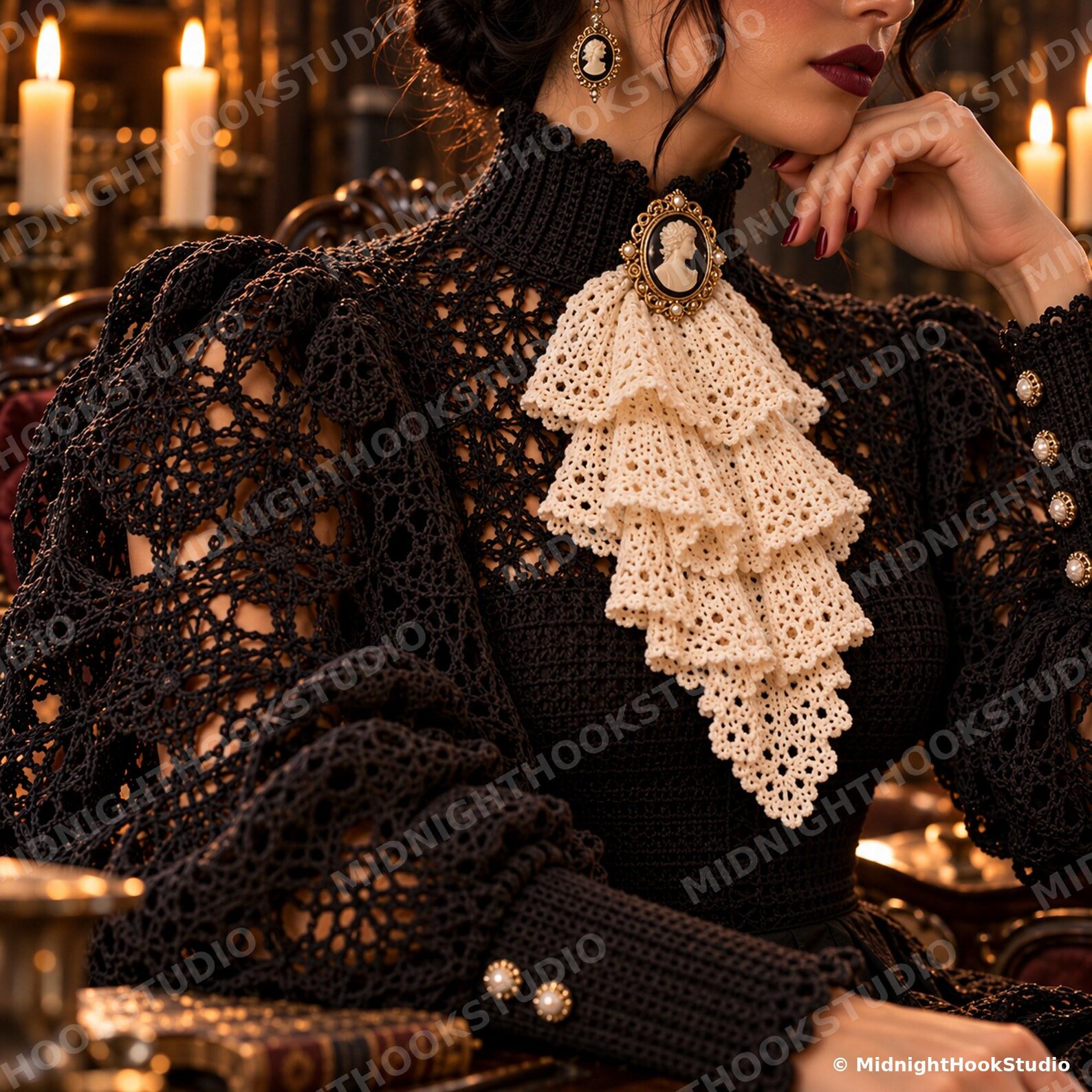 Victorian High-Collar Jabot Blouse