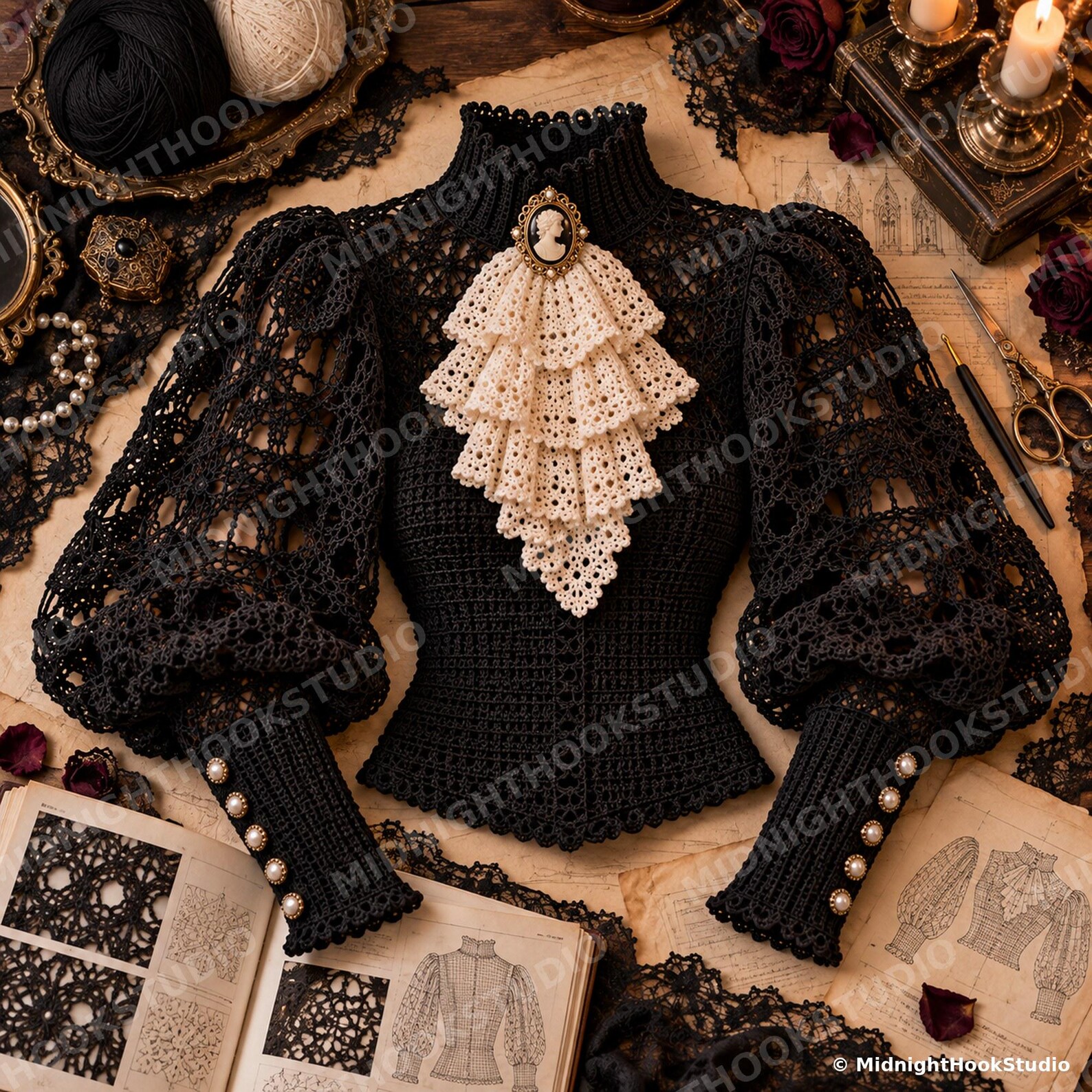 Victorian High-Collar Jabot Blouse