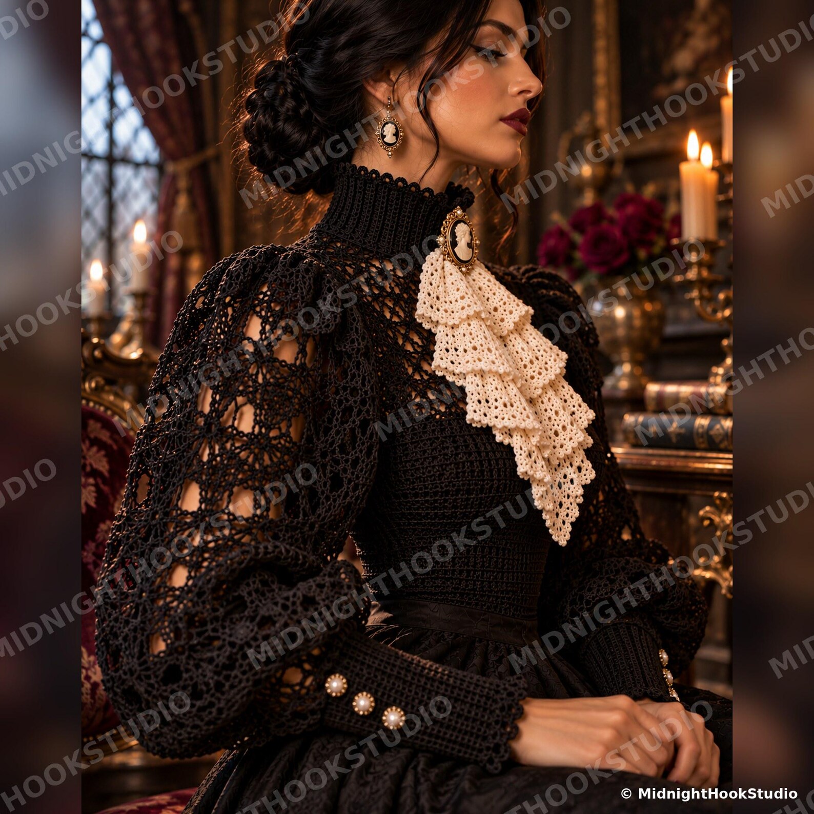 Victorian High-Collar Jabot Blouse