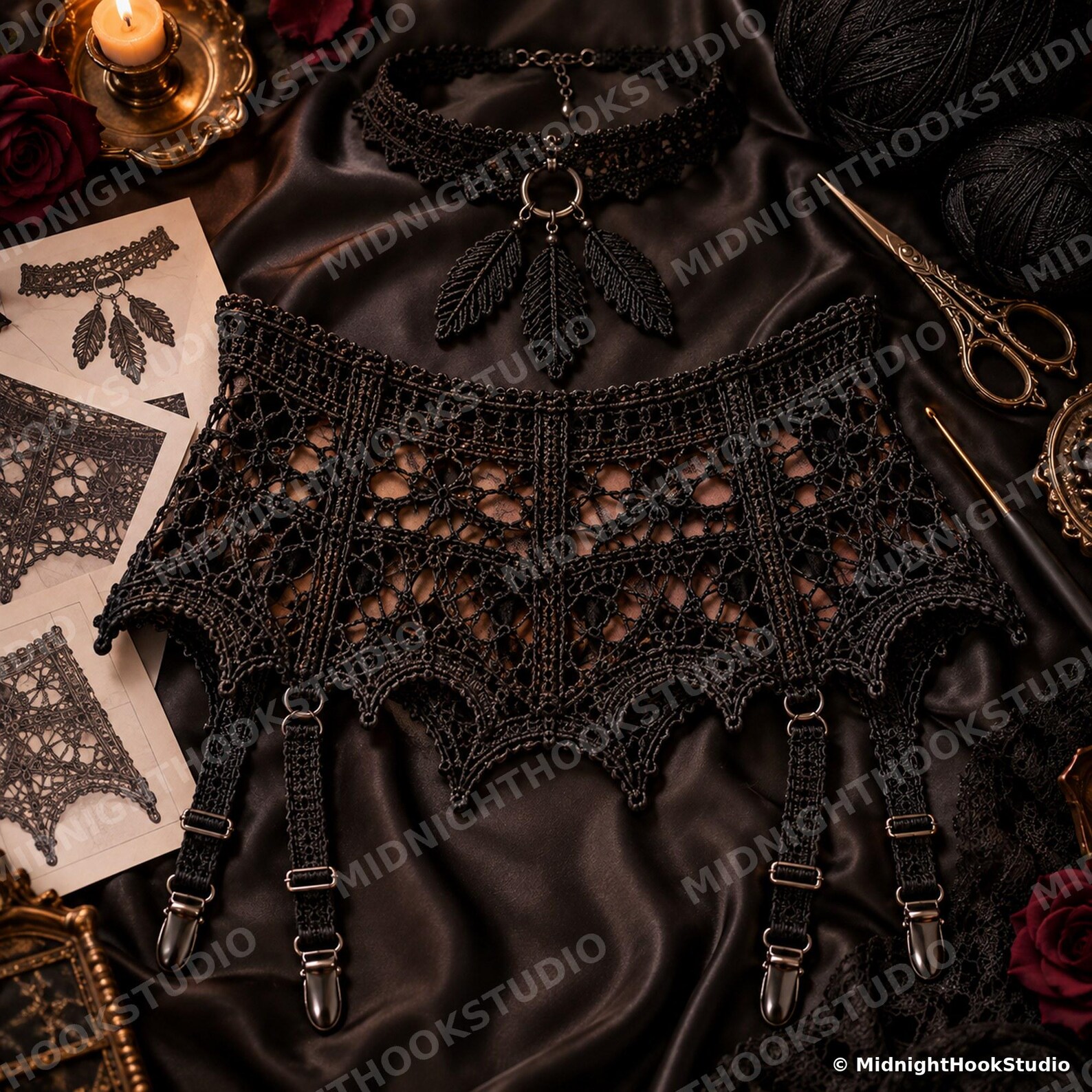Lace Garter Belt & Raven Feather Choker Set