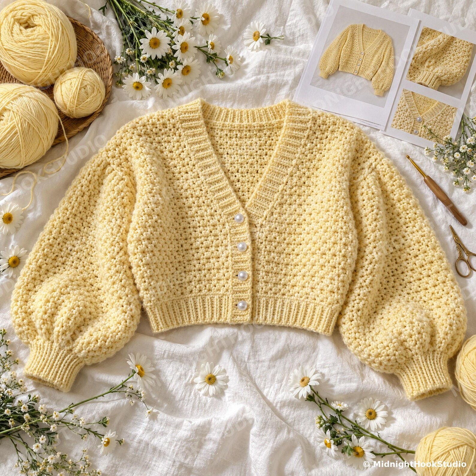 Puff Sleeve Moss Stitch Cardigan