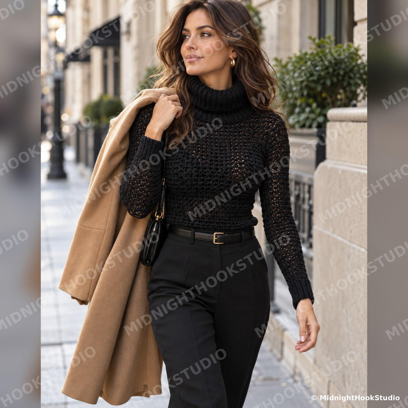 Knit-Look Ribbed Turtleneck Top