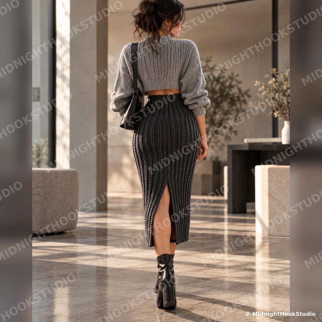Ribbed Midi Pencil Skirt