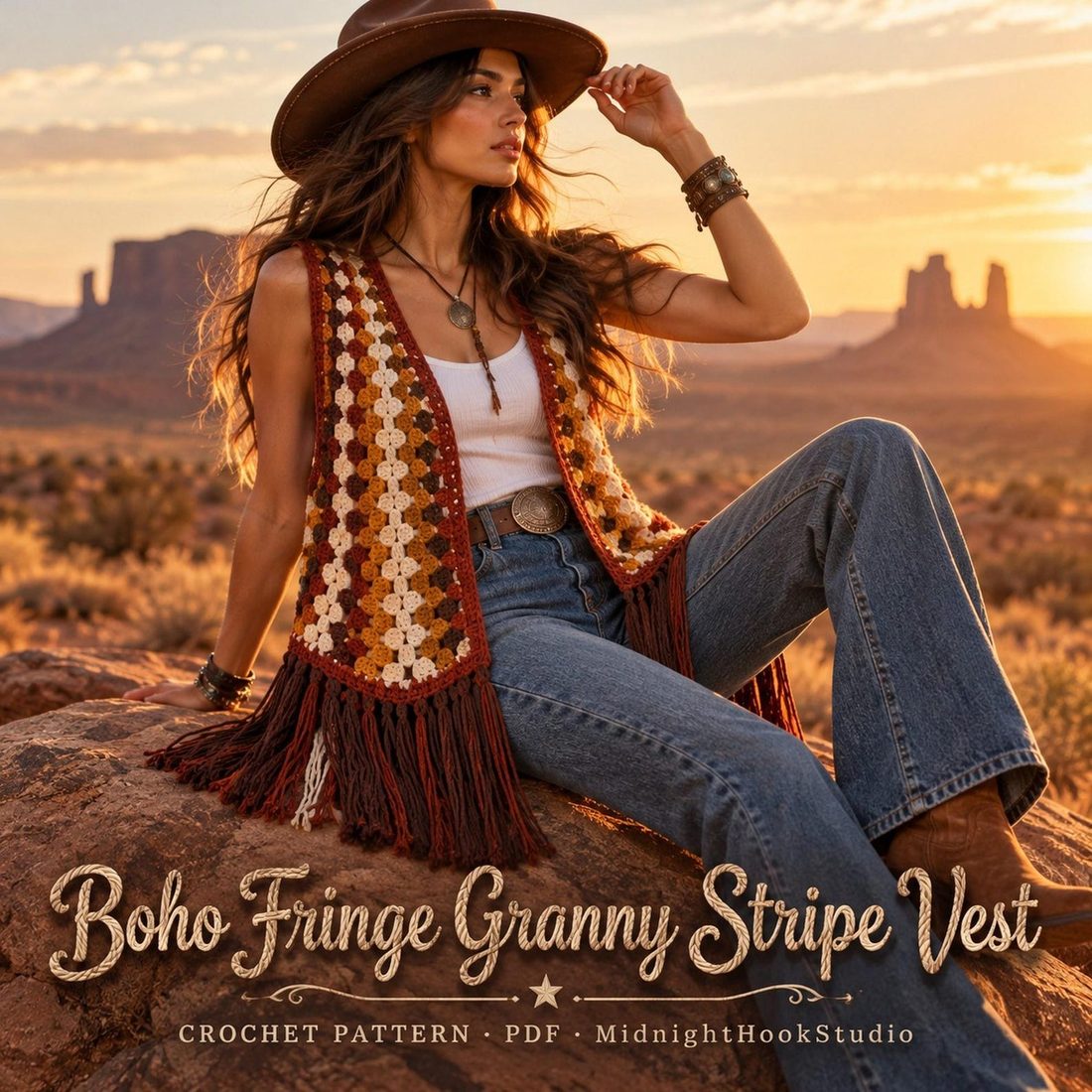 Boho Fringe Granny Stripe Vest