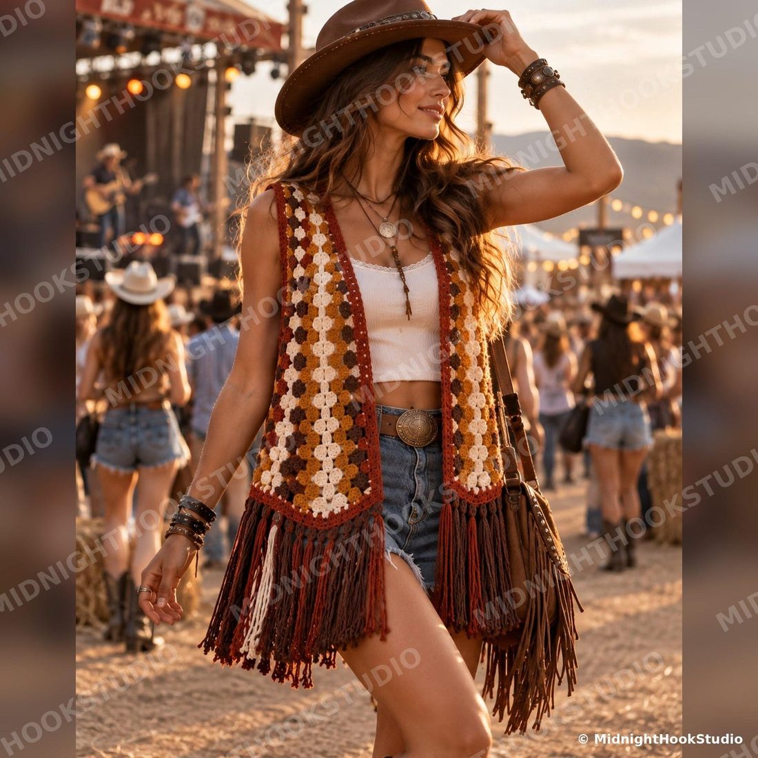 Boho Fringe Granny Stripe Vest
