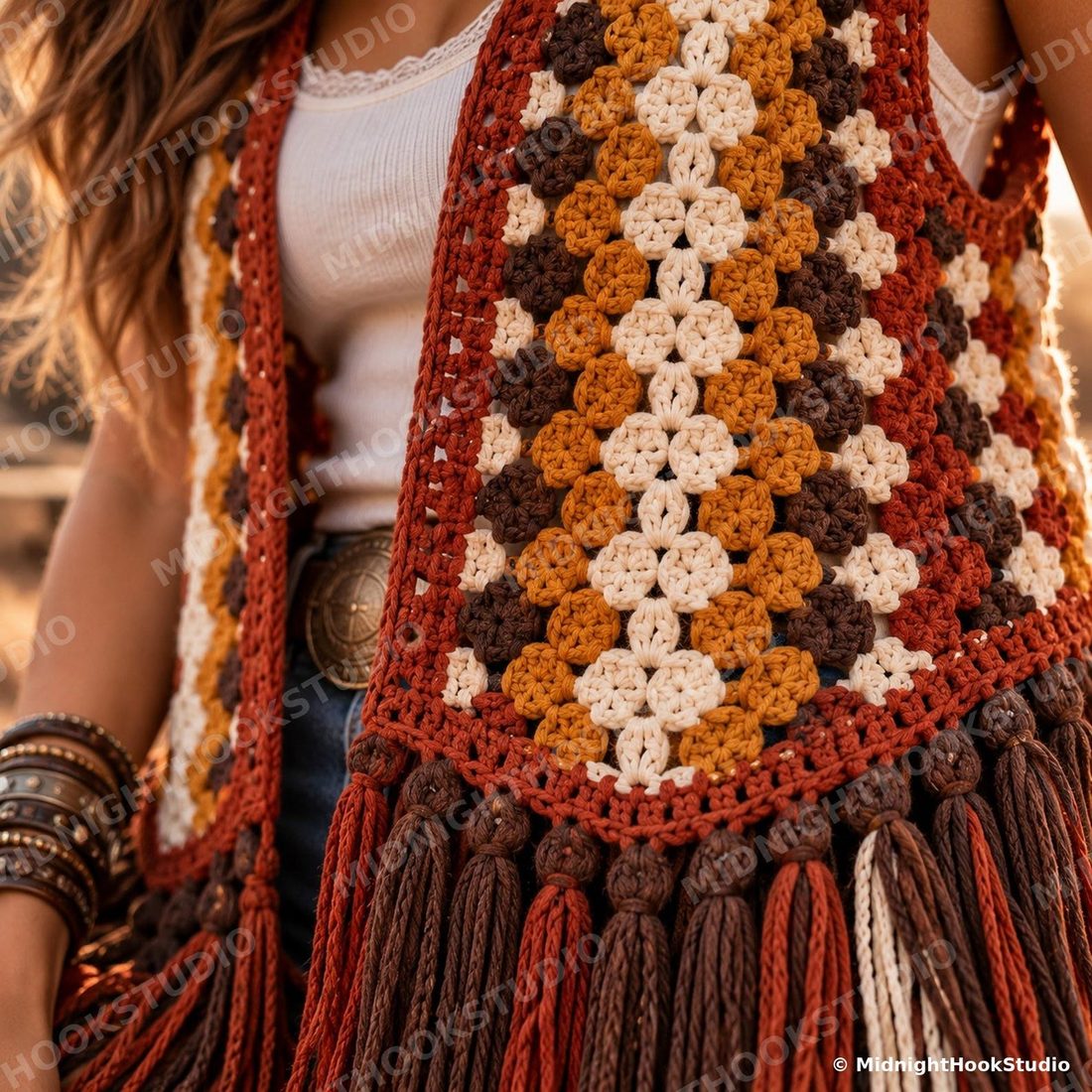 Boho Fringe Granny Stripe Vest