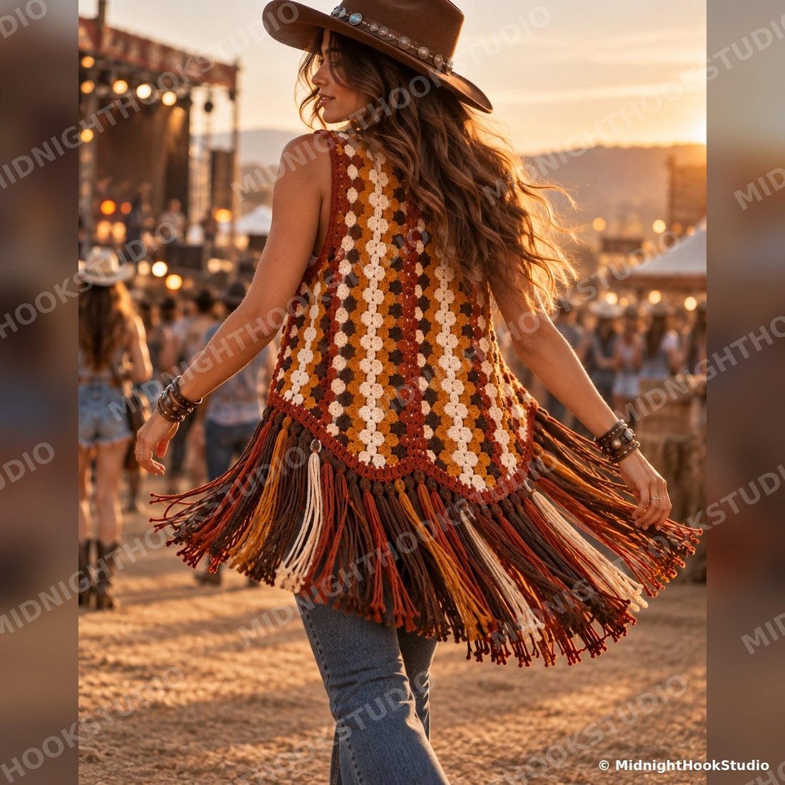 Boho Fringe Granny Stripe Vest
