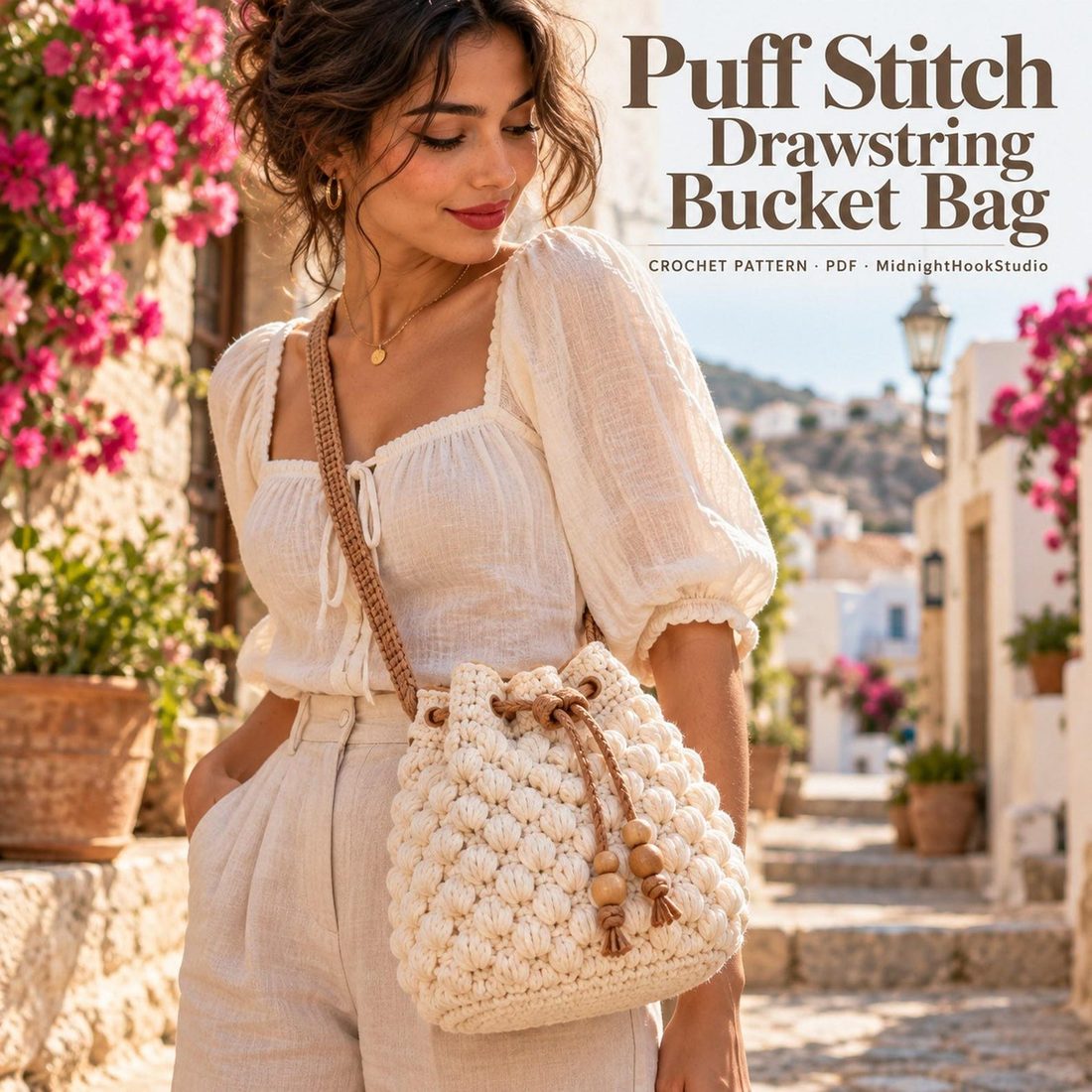 Puff Stitch Drawstring Bucket Bag