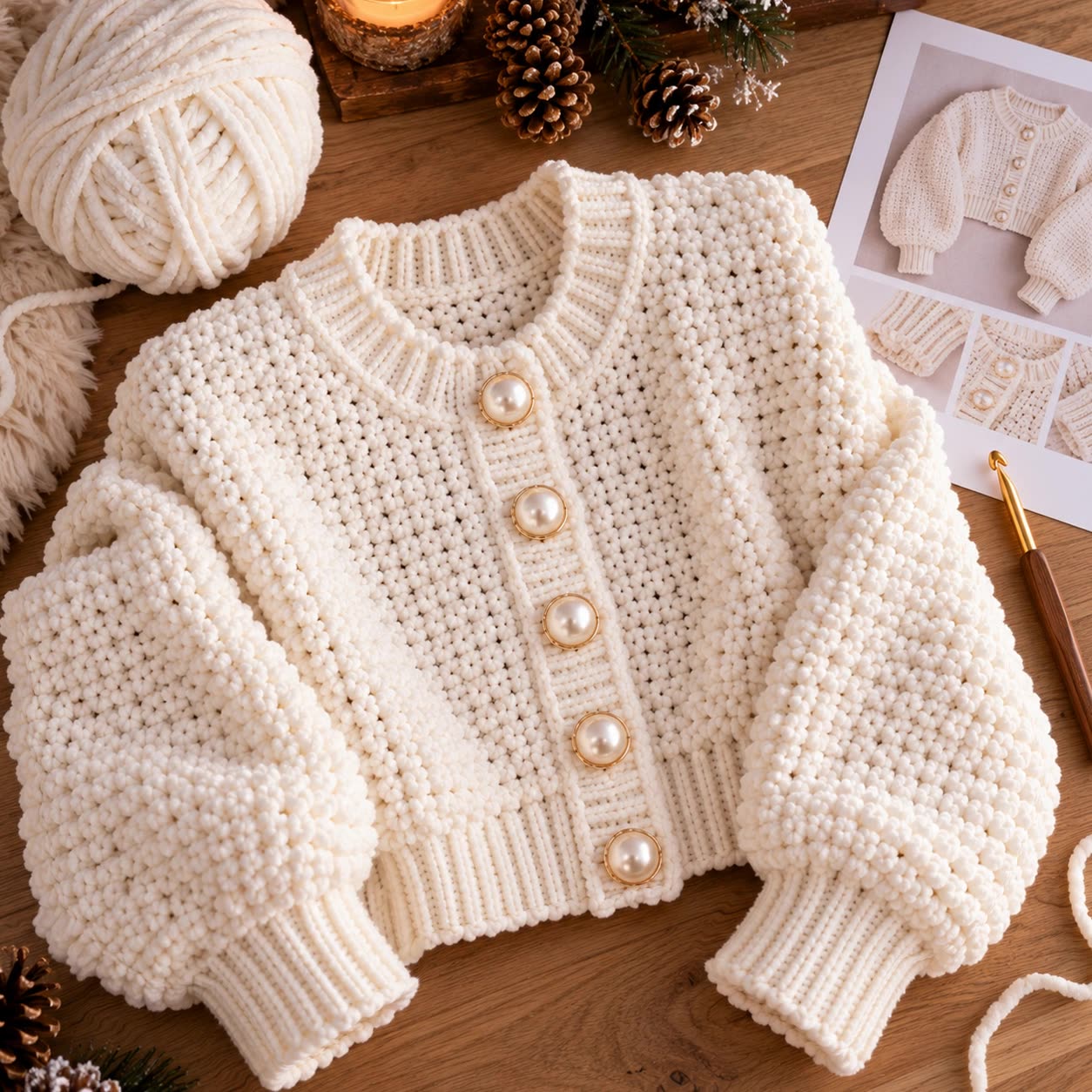 Après-Ski Chenille Pearl Button Cardigan