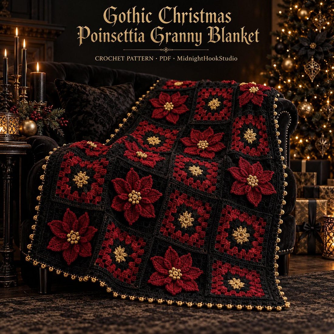Gothic Christmas Poinsettia Blanket Crochet Pattern