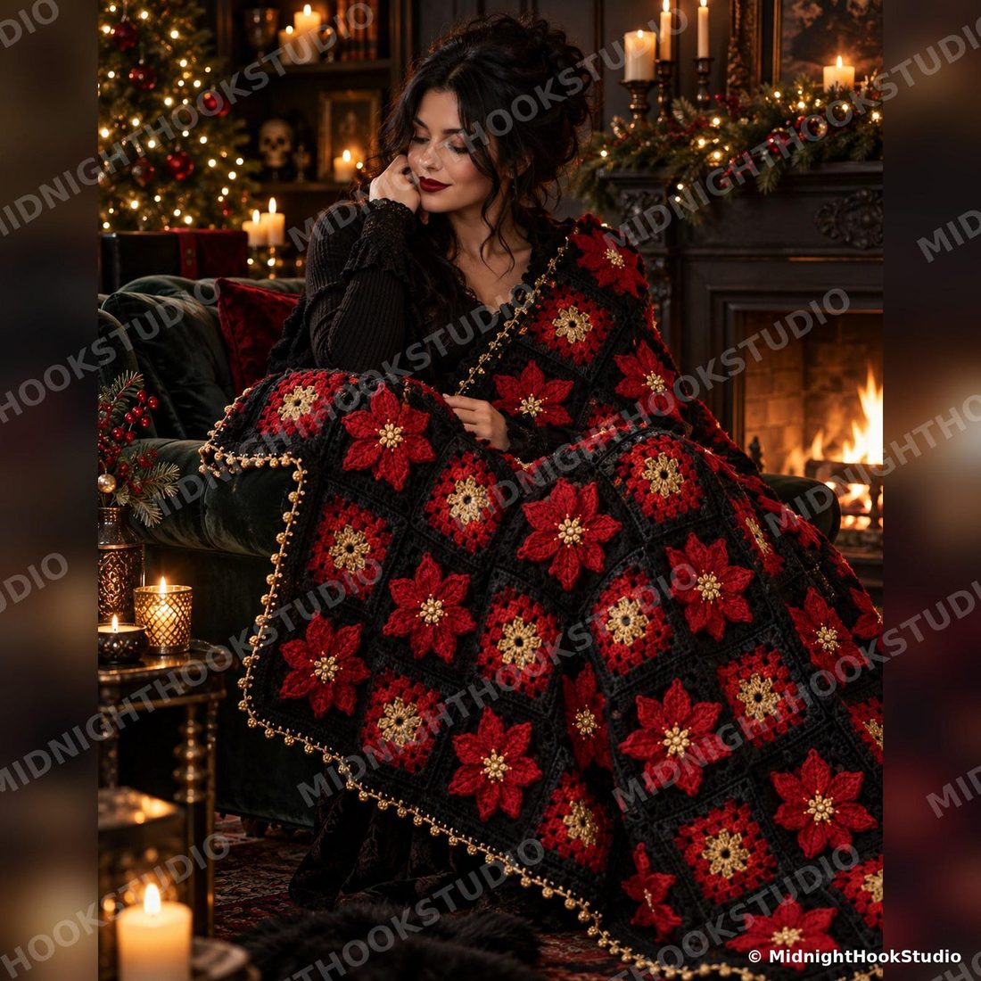 Gothic Christmas Poinsettia Blanket Crochet Pattern