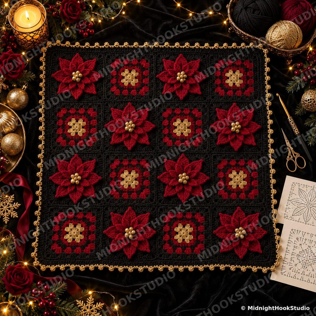Gothic Christmas Poinsettia Blanket Crochet Pattern