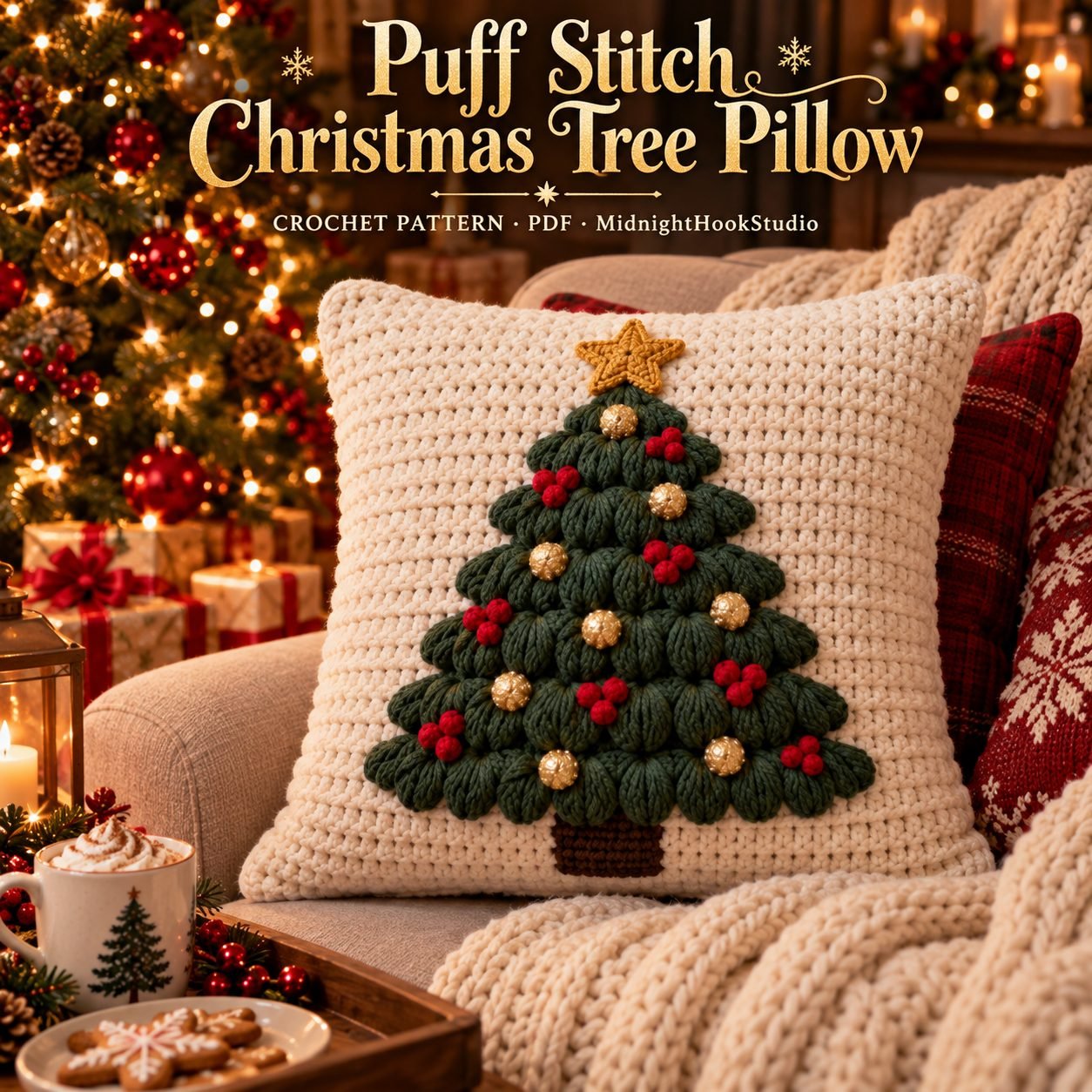 Puff Stitch Christmas Tree Pillow Crochet Pattern